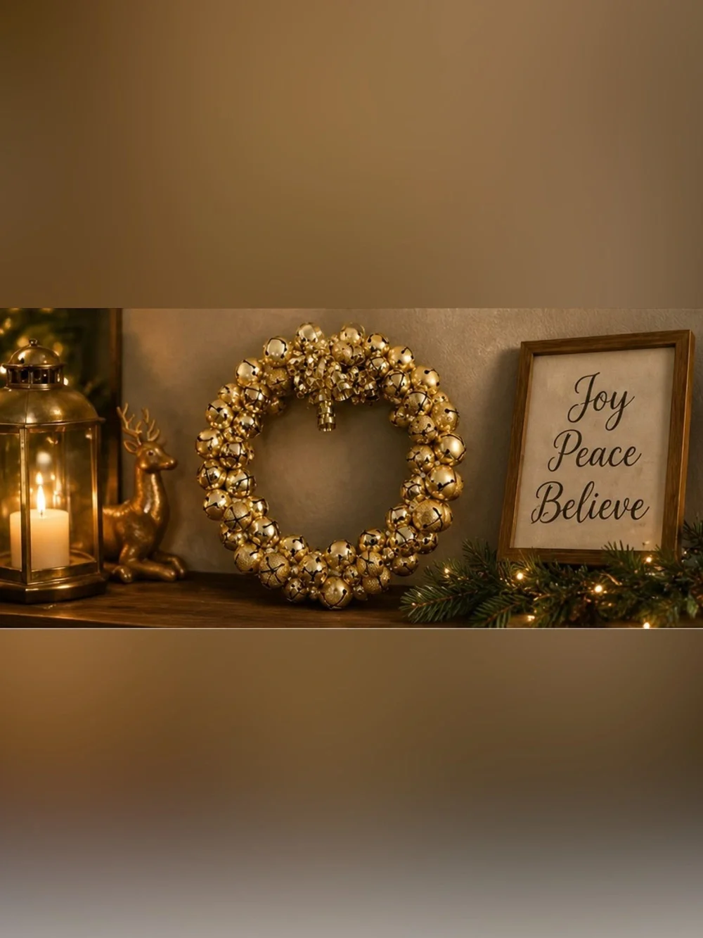 Gold Jingle Bell Christmas Wreath Holiday Door Wall Decor Rustic Farmhouse